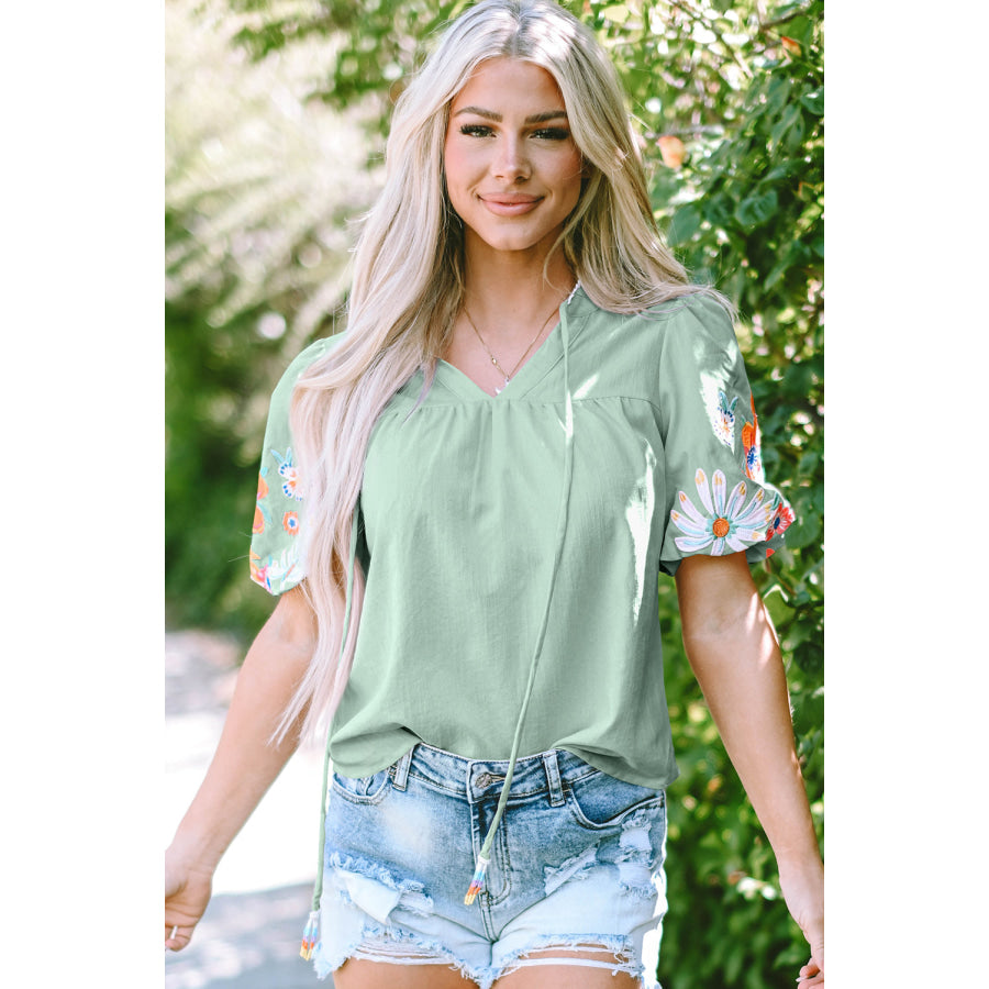 Beau Blue Floral Embroidered Puff Sleeve Split Neck Blouse Clearly Aqua / S / 58% Viscose + 37% Polyester + 5% Polyamide Tops/Blouses &
