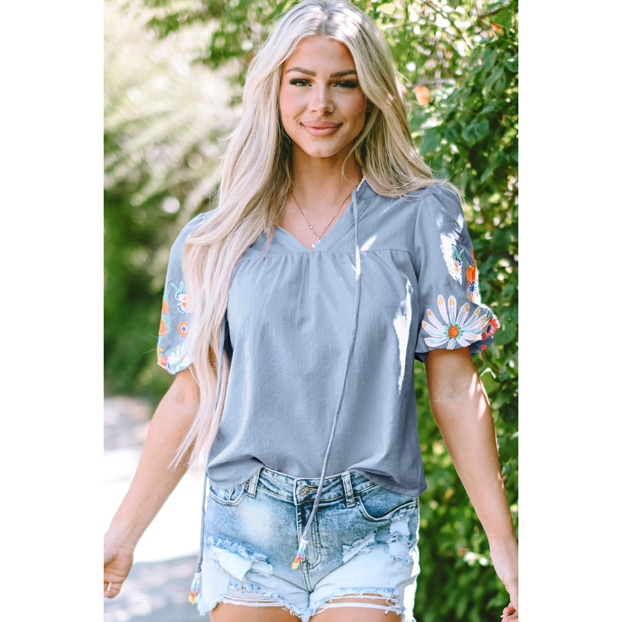 Beau Blue Floral Embroidered Puff Sleeve Split Neck Blouse Beau Blue / S / 58% Viscose + 37% Polyester + 5% Polyamide Tops/Blouses & Shirts