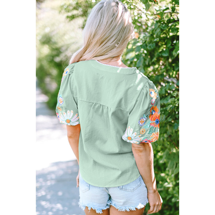 Beau Blue Floral Embroidered Puff Sleeve Split Neck Blouse Tops/Blouses & Shirts