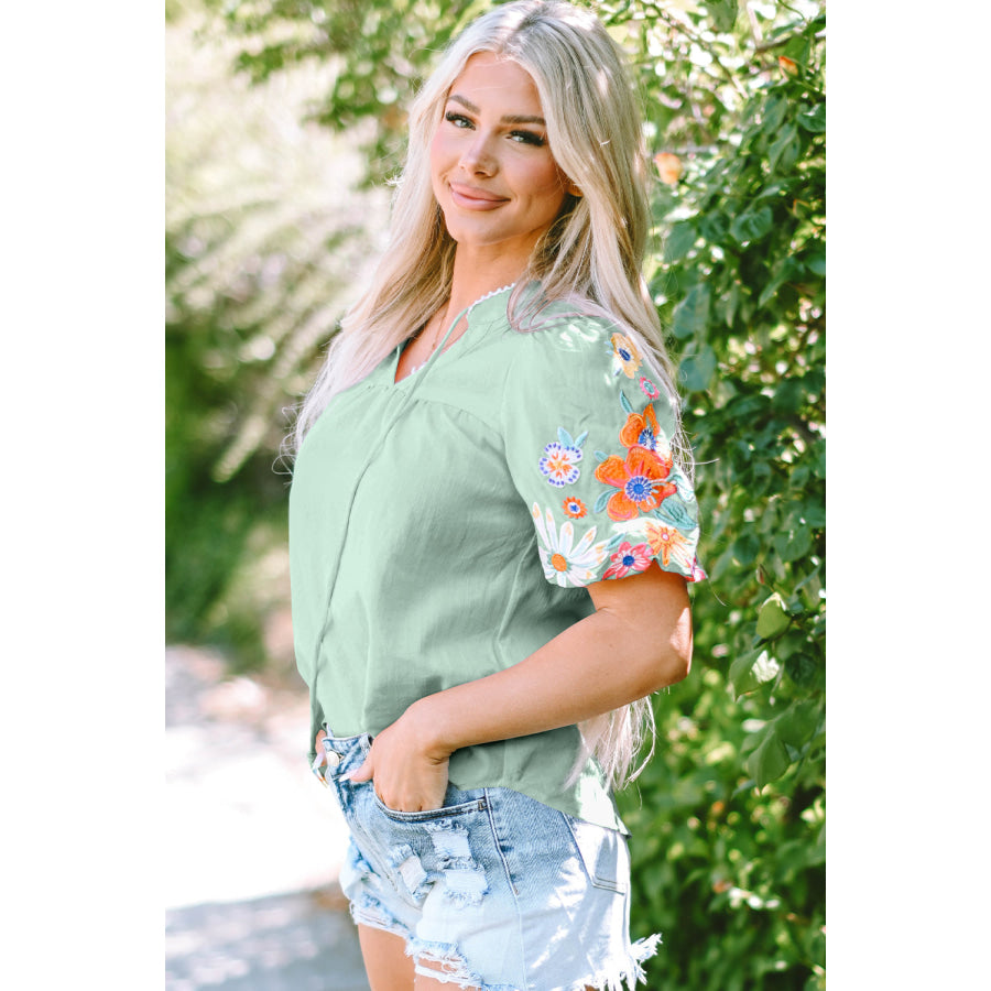 Beau Blue Floral Embroidered Puff Sleeve Split Neck Blouse Tops/Blouses & Shirts