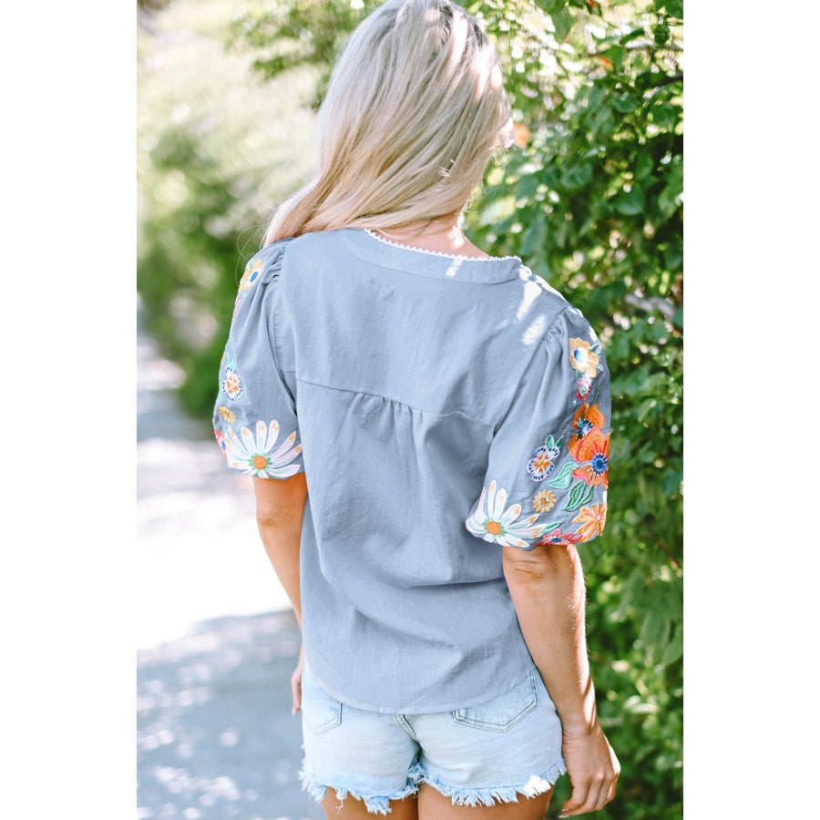 Beau Blue Floral Embroidered Puff Sleeve Split Neck Blouse Tops/Blouses & Shirts