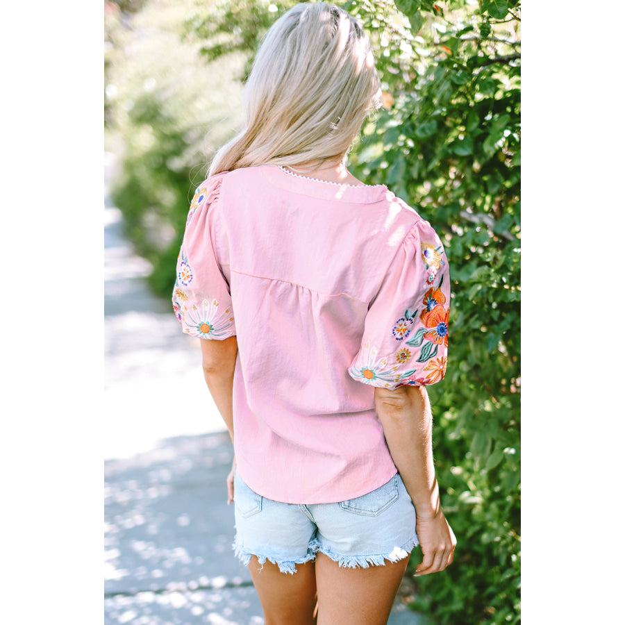 Beau Blue Floral Embroidered Puff Sleeve Split Neck Blouse Tops/Blouses & Shirts