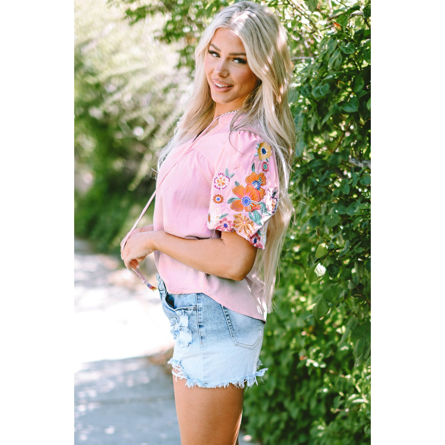 Beau Blue Floral Embroidered Puff Sleeve Split Neck Blouse Tops/Blouses & Shirts