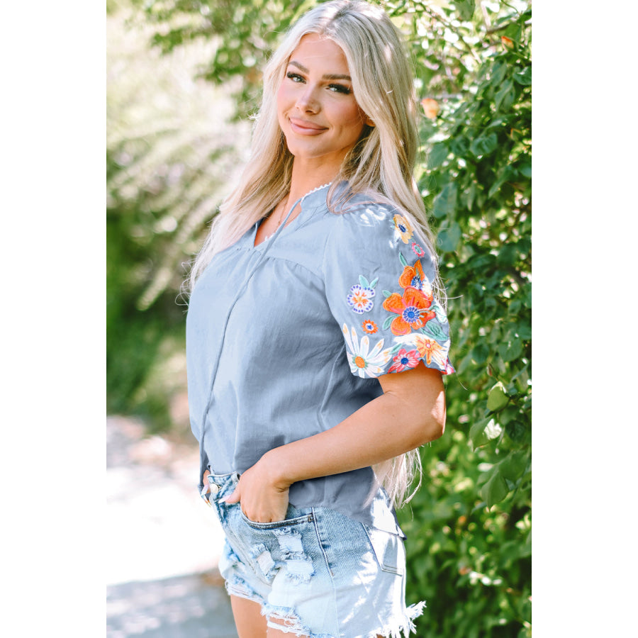 Beau Blue Floral Embroidered Puff Sleeve Split Neck Blouse Tops/Blouses & Shirts