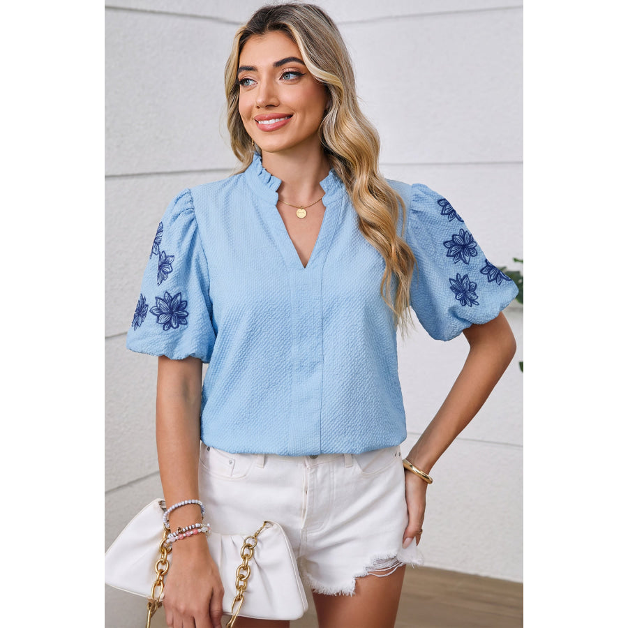 Beau Blue Flower Embroidered Puff Sleeve Split Neck Textured Blouse Beau Blue / S / 100% Polyester Tops/Blouses & Shirts