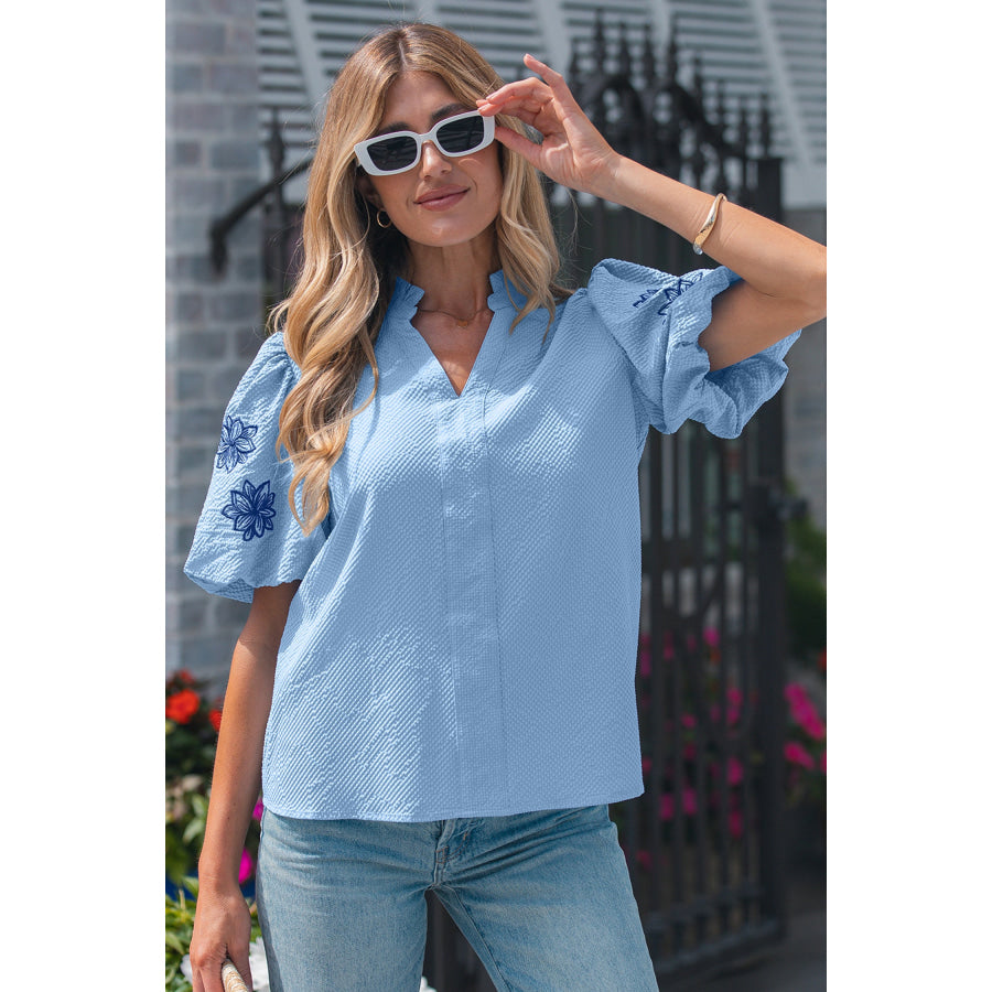 Beau Blue Flower Embroidered Puff Sleeve Split Neck Textured Blouse Tops/Blouses & Shirts