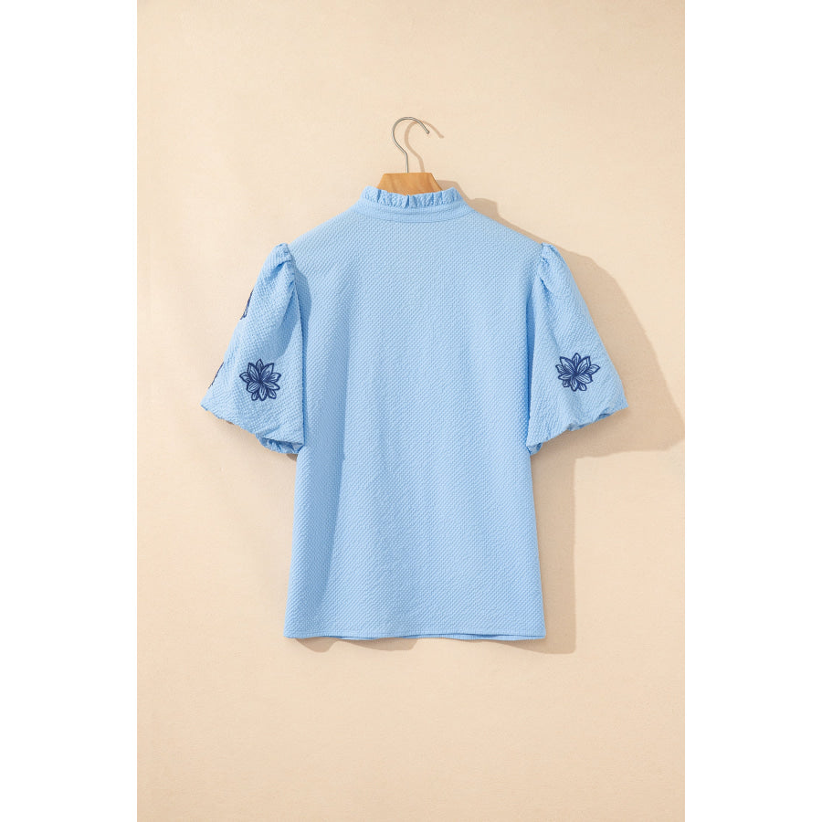 Beau Blue Flower Embroidered Puff Sleeve Split Neck Textured Blouse Tops/Blouses & Shirts