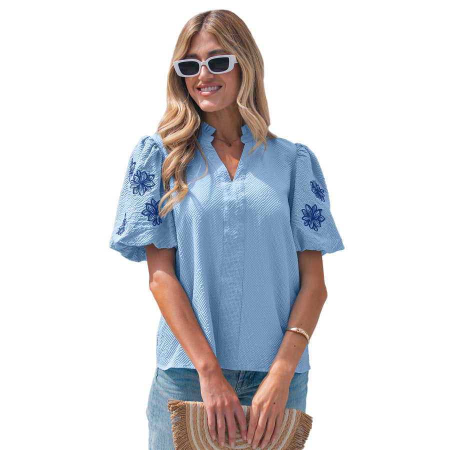 Beau Blue Flower Embroidered Puff Sleeve Split Neck Textured Blouse Tops/Blouses & Shirts