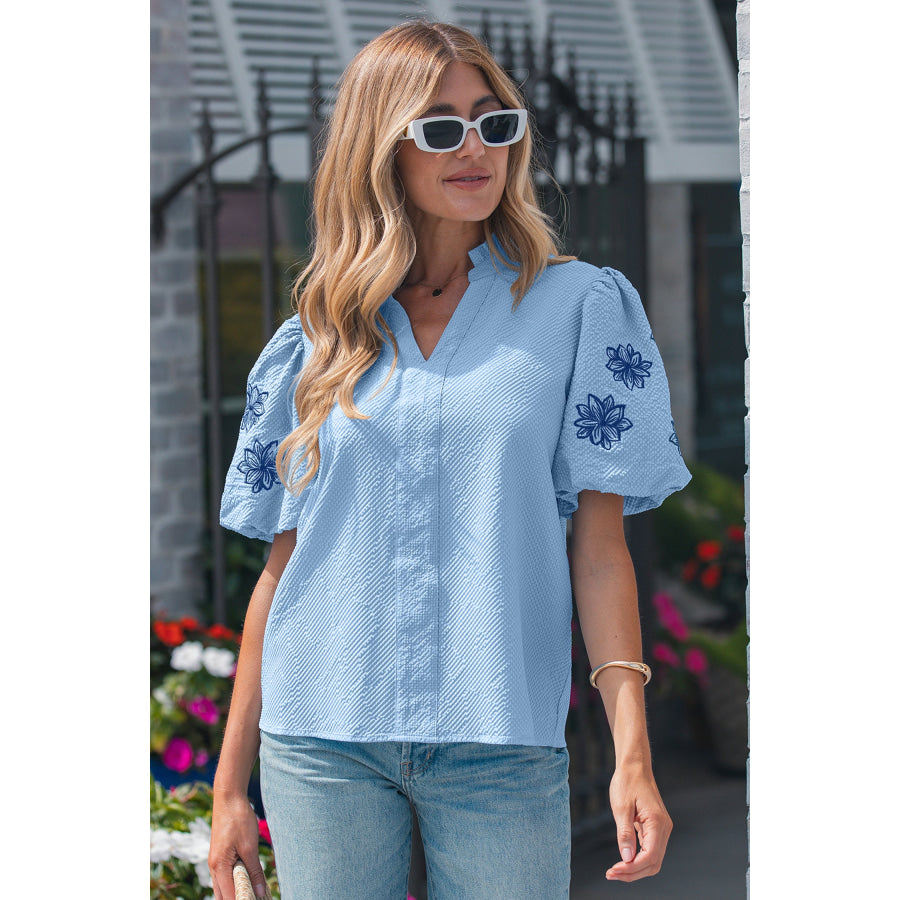 Beau Blue Flower Embroidered Puff Sleeve Split Neck Textured Blouse Tops/Blouses & Shirts