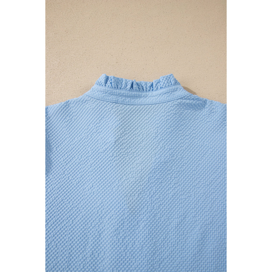 Beau Blue Flower Embroidered Puff Sleeve Split Neck Textured Blouse Tops/Blouses & Shirts