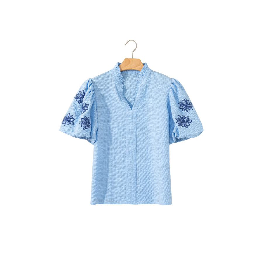 Beau Blue Flower Embroidered Puff Sleeve Split Neck Textured Blouse Tops/Blouses & Shirts
