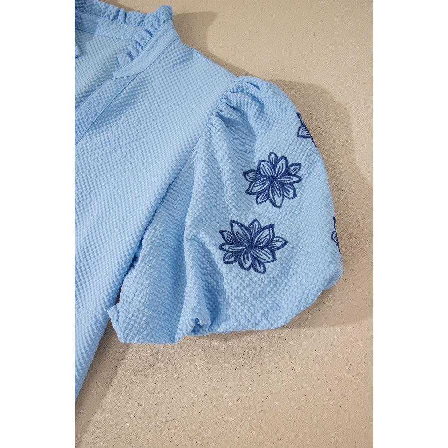 Beau Blue Flower Embroidered Puff Sleeve Split Neck Textured Blouse Tops/Blouses & Shirts