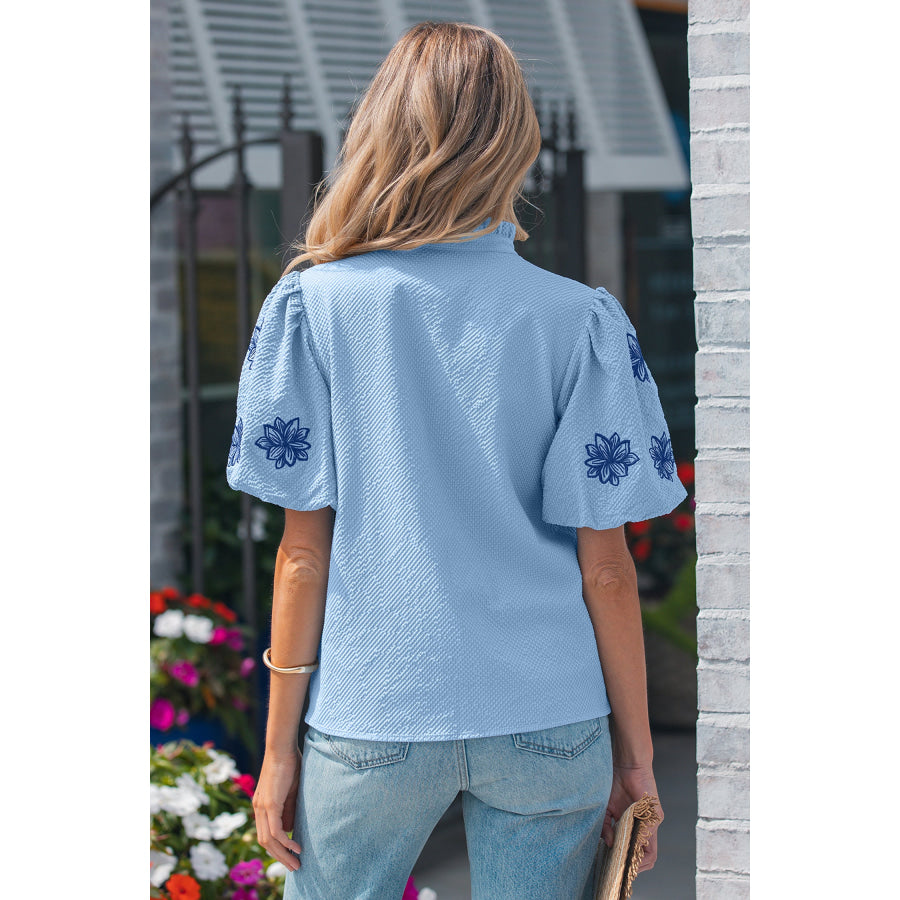 Beau Blue Flower Embroidered Puff Sleeve Split Neck Textured Blouse Tops/Blouses & Shirts
