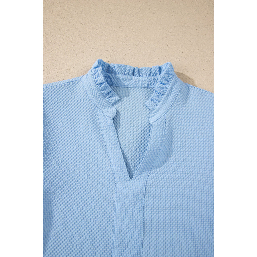 Beau Blue Flower Embroidered Puff Sleeve Split Neck Textured Blouse Tops/Blouses & Shirts