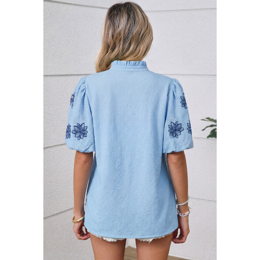 Beau Blue Flower Embroidered Puff Sleeve Split Neck Textured Blouse Tops/Blouses & Shirts
