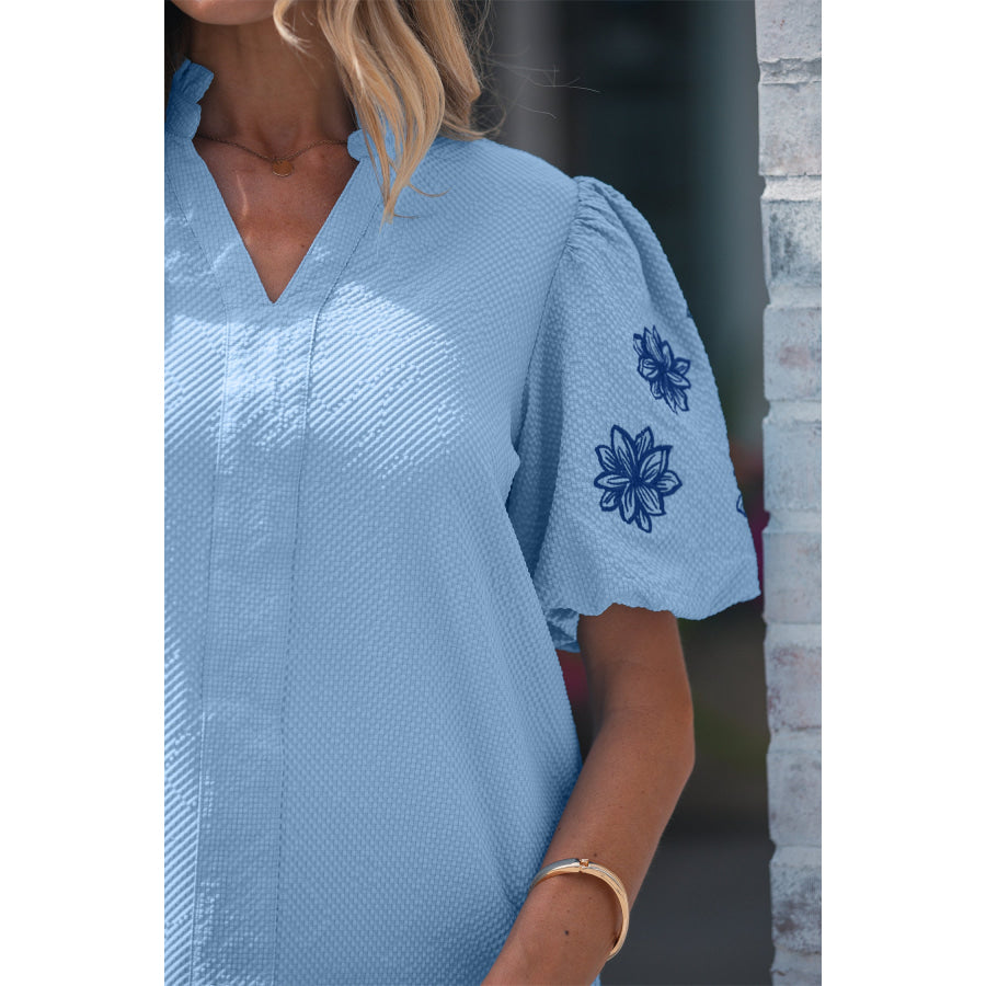 Beau Blue Flower Embroidered Puff Sleeve Split Neck Textured Blouse Tops/Blouses & Shirts