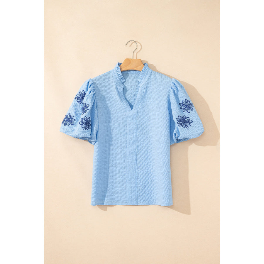 Beau Blue Flower Embroidered Puff Sleeve Split Neck Textured Blouse Tops/Blouses & Shirts