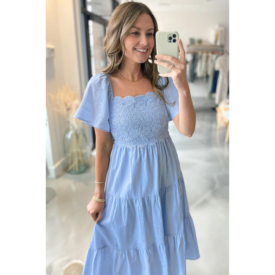 Beau Blue Flowy Short Sleeve Lace Detail Square Neck Tiered Midi Dress Dresses/Midi Dresses