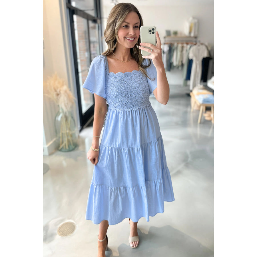 Beau Blue Flowy Short Sleeve Lace Detail Square Neck Tiered Midi Dress Dresses/Midi Dresses