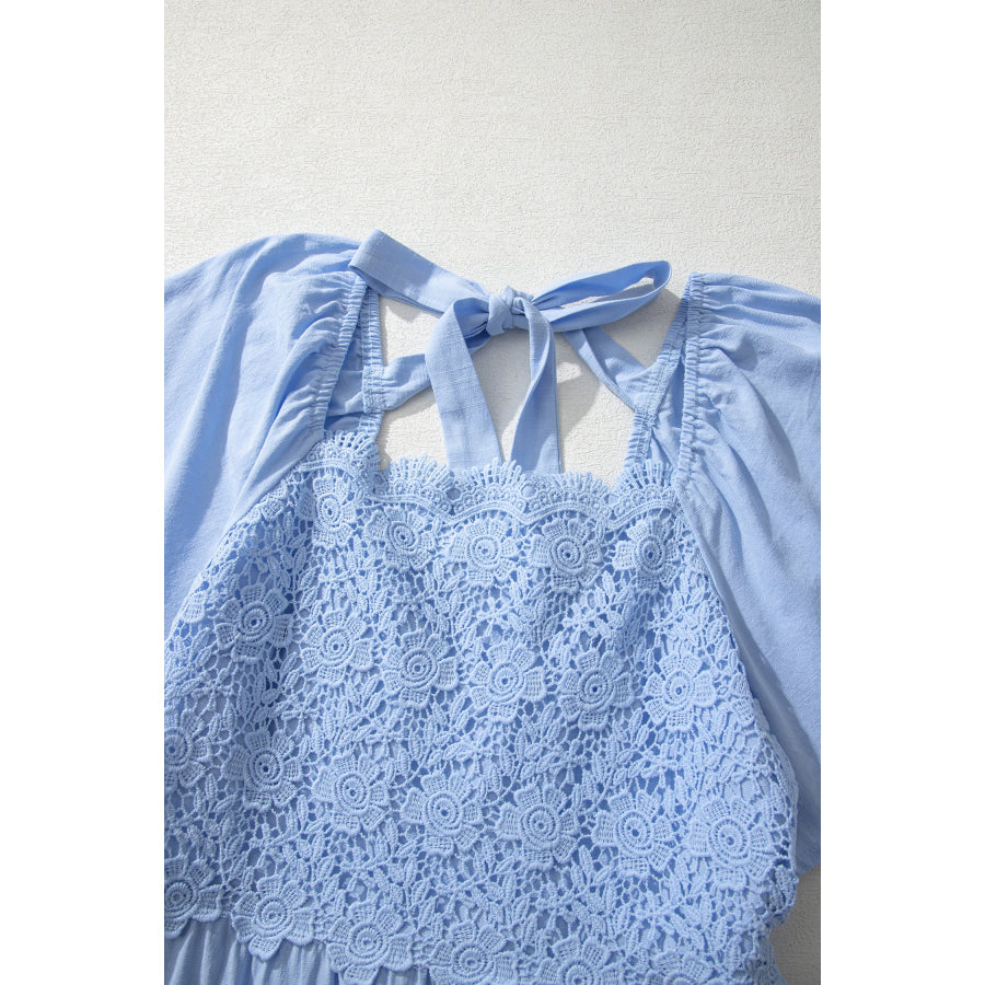 Beau Blue Flowy Short Sleeve Lace Detail Square Neck Tiered Midi Dress Dresses/Midi Dresses