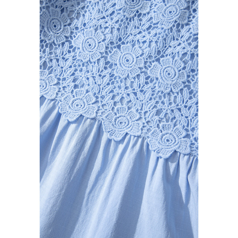 Beau Blue Flowy Short Sleeve Lace Detail Square Neck Tiered Midi Dress Dresses/Midi Dresses