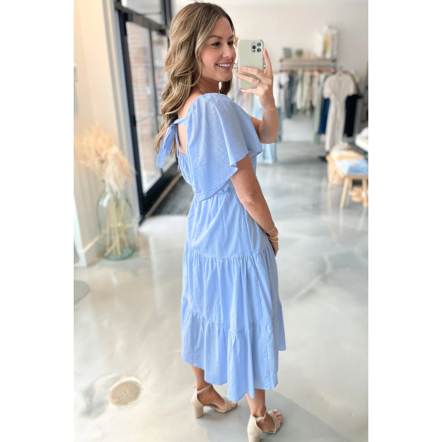Beau Blue Flowy Short Sleeve Lace Detail Square Neck Tiered Midi Dress Beau Blue / S / 55% Cotton + 45% Viscose Dresses/Midi Dresses