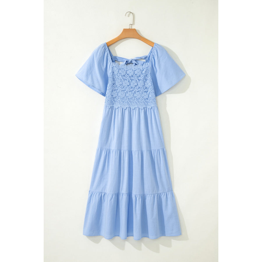 Beau Blue Flowy Short Sleeve Lace Detail Square Neck Tiered Midi Dress Dresses/Midi Dresses