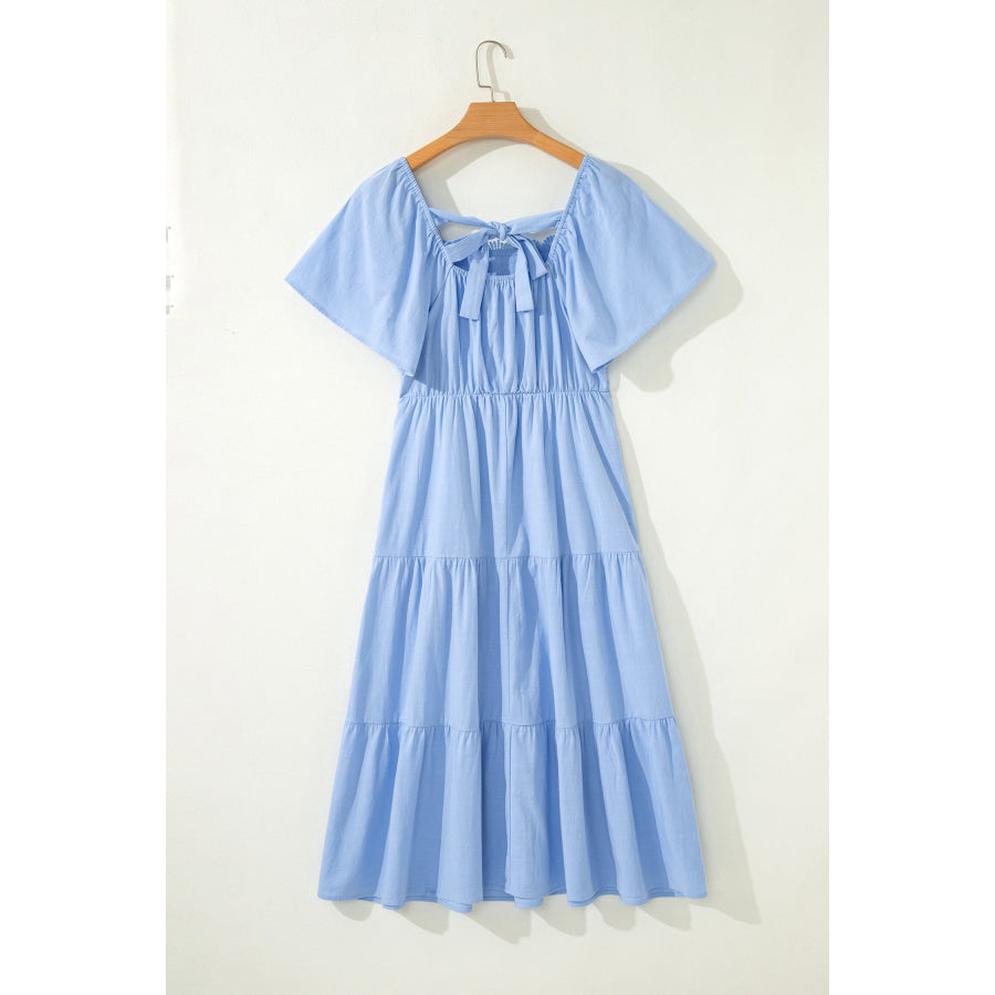 Beau Blue Flowy Short Sleeve Lace Detail Square Neck Tiered Midi Dress Dresses/Midi Dresses