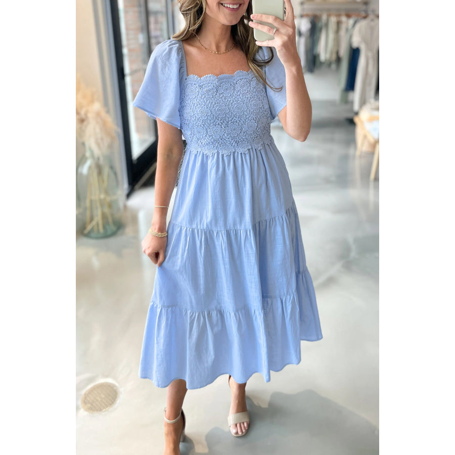Beau Blue Flowy Short Sleeve Lace Detail Square Neck Tiered Midi Dress Beau Blue / S / 55% Cotton + 45% Viscose Dresses/Midi Dresses