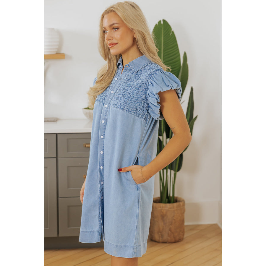 Beau Blue Flutter Sleeve Shirred Detail Button Up Denim Mini Dress Dresses/Mini Dresses