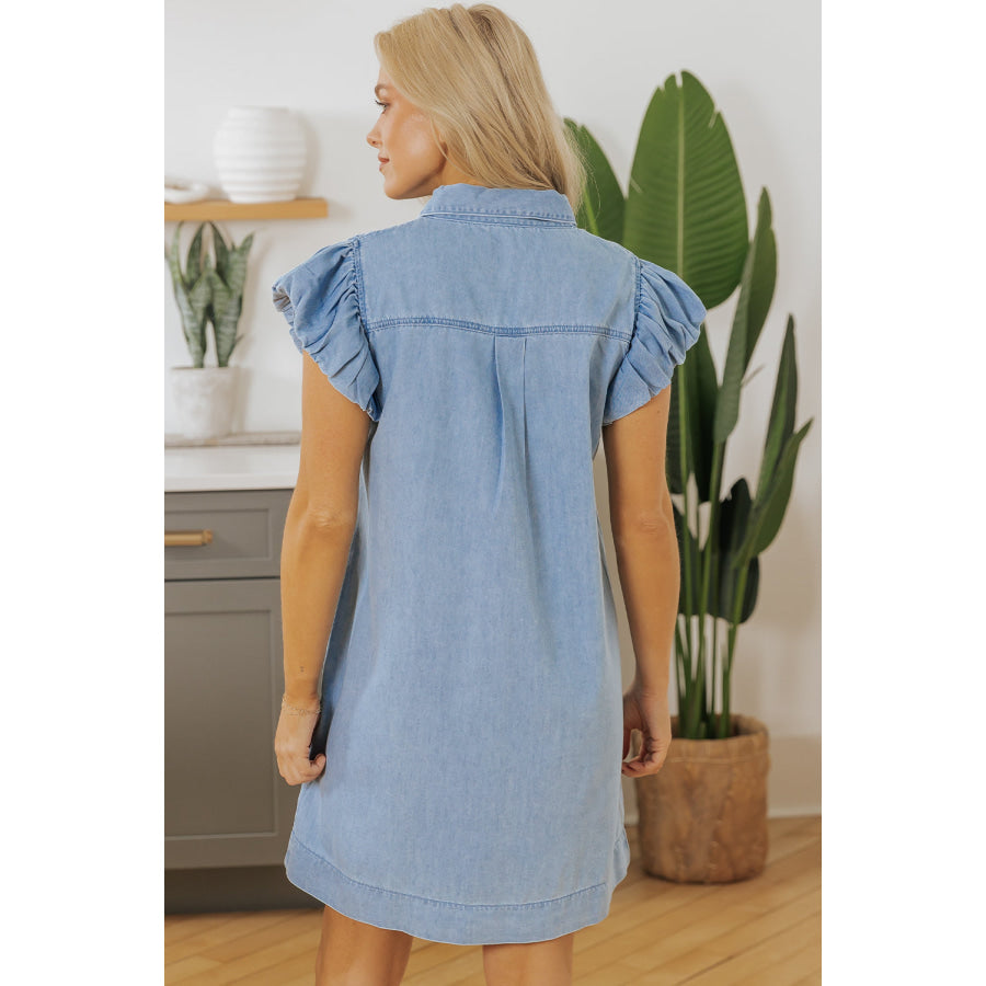 Beau Blue Flutter Sleeve Shirred Detail Button Up Denim Mini Dress Dresses/Mini Dresses