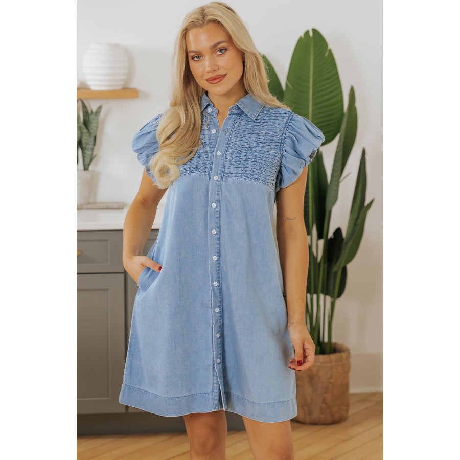 Beau Blue Flutter Sleeve Shirred Detail Button Up Denim Mini Dress Beau Blue / S / 75% Cotton + 25% Polyester Dresses/Mini Dresses