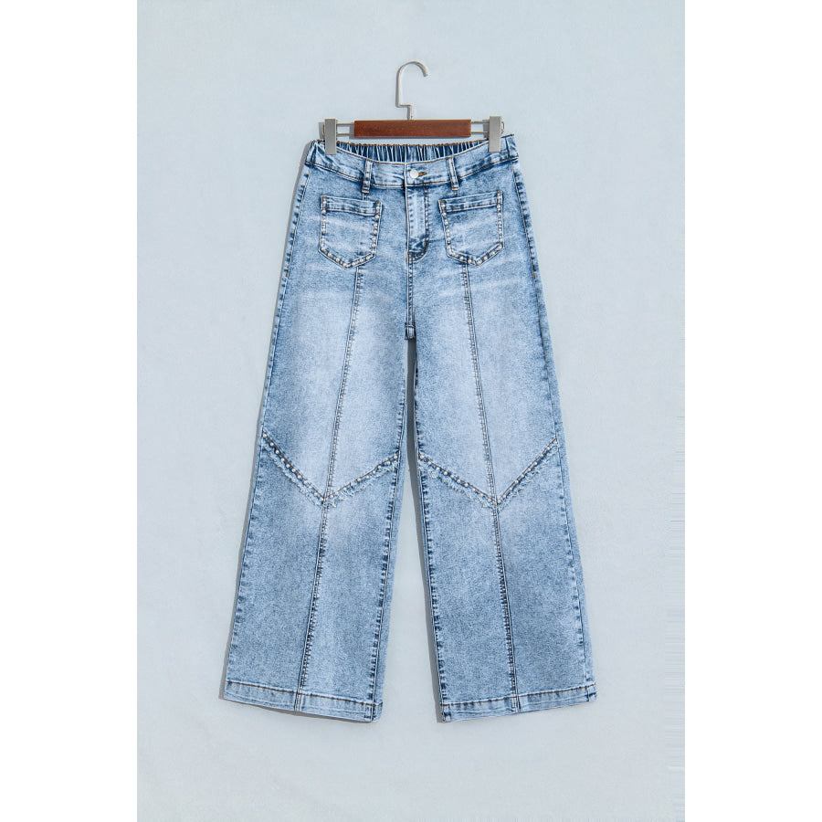 Beau Blue Frayed Studded Detail Wide Leg Pocketed Jeans Bottoms/Jeans