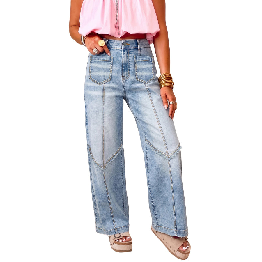 Beau Blue Frayed Studded Detail Wide Leg Pocketed Jeans Bottoms/Jeans