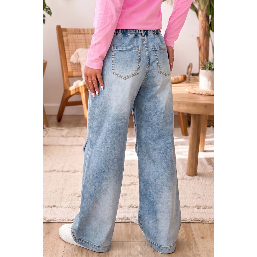 Beau Blue Frayed Studded Detail Wide Leg Pocketed Jeans / 4 Bottoms/Jeans