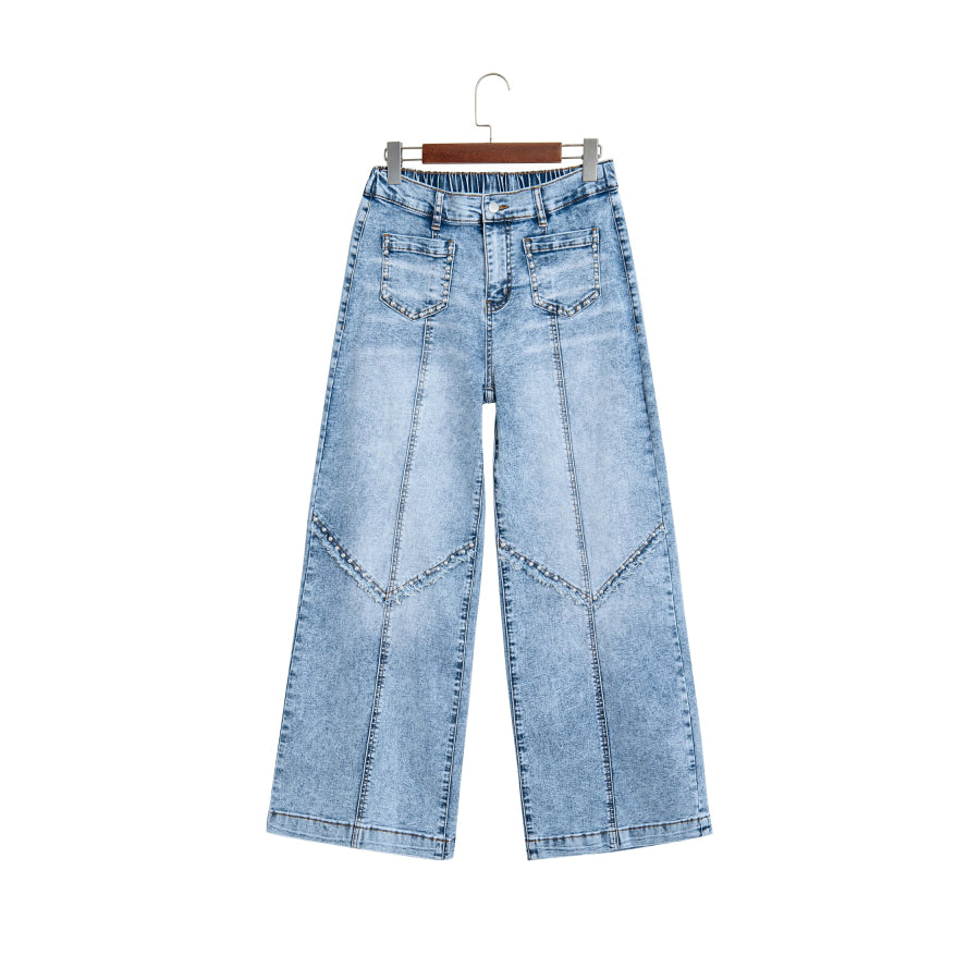 Beau Blue Frayed Studded Detail Wide Leg Pocketed Jeans Bottoms/Jeans