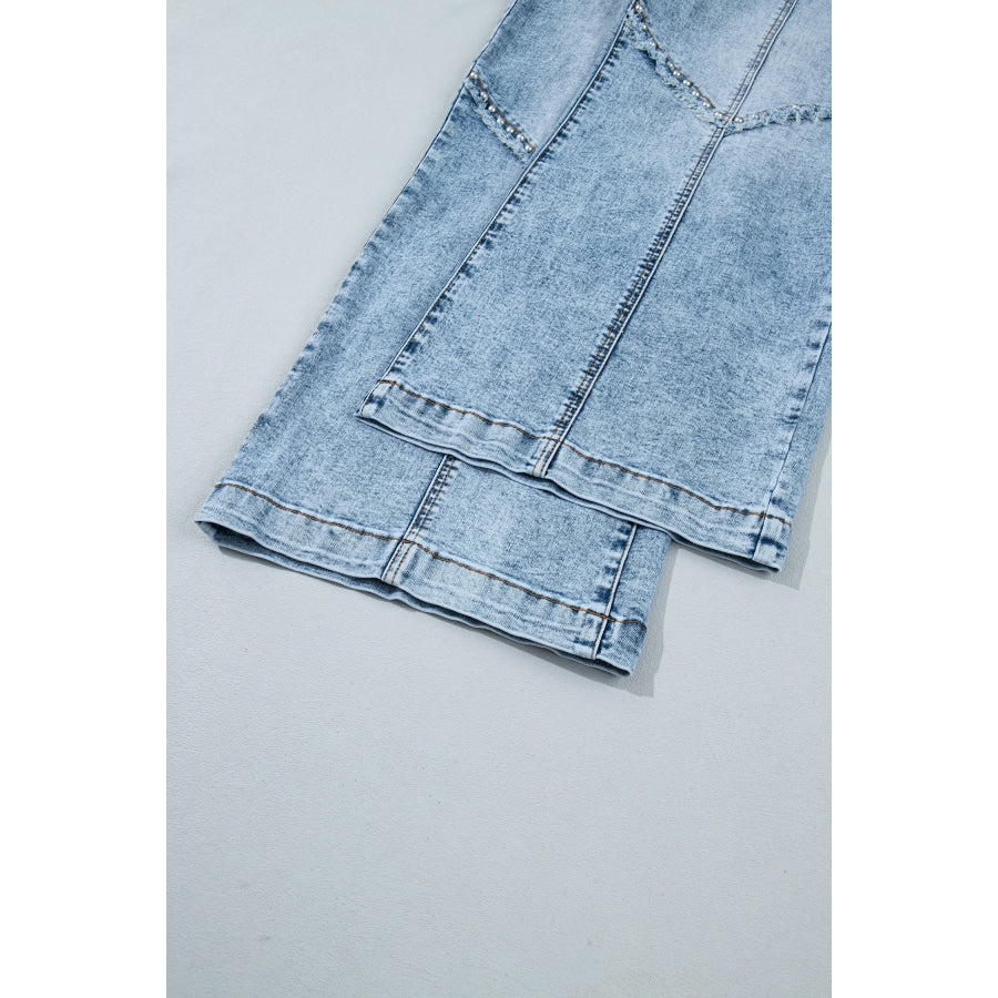 Beau Blue Frayed Studded Detail Wide Leg Pocketed Jeans Bottoms/Jeans