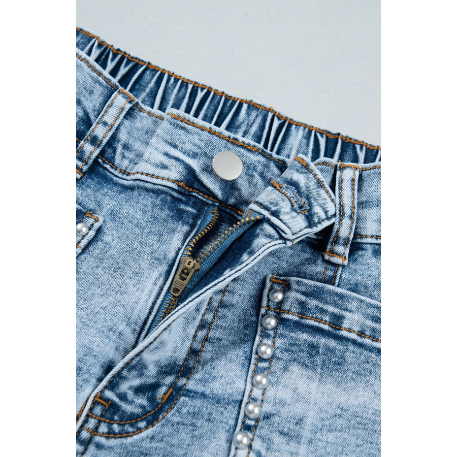 Beau Blue Frayed Studded Detail Wide Leg Pocketed Jeans Bottoms/Jeans