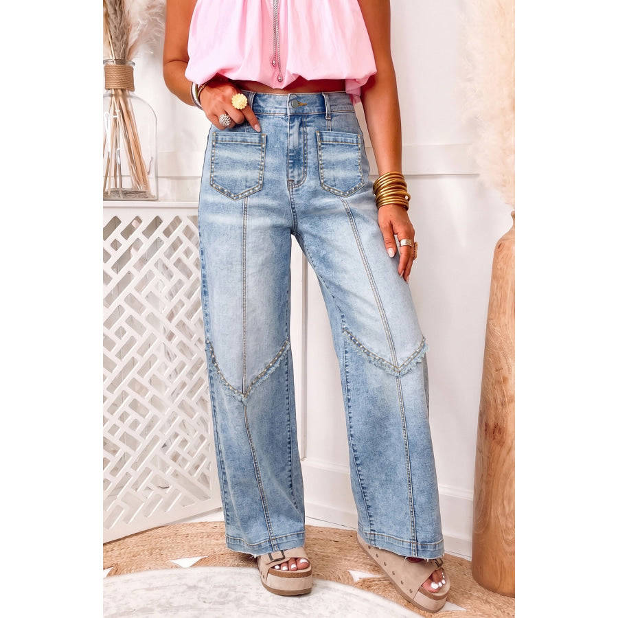 Beau Blue Frayed Studded Detail Wide Leg Pocketed Jeans Bottoms/Jeans