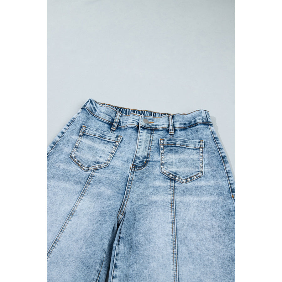 Beau Blue Frayed Studded Detail Wide Leg Pocketed Jeans Bottoms/Jeans
