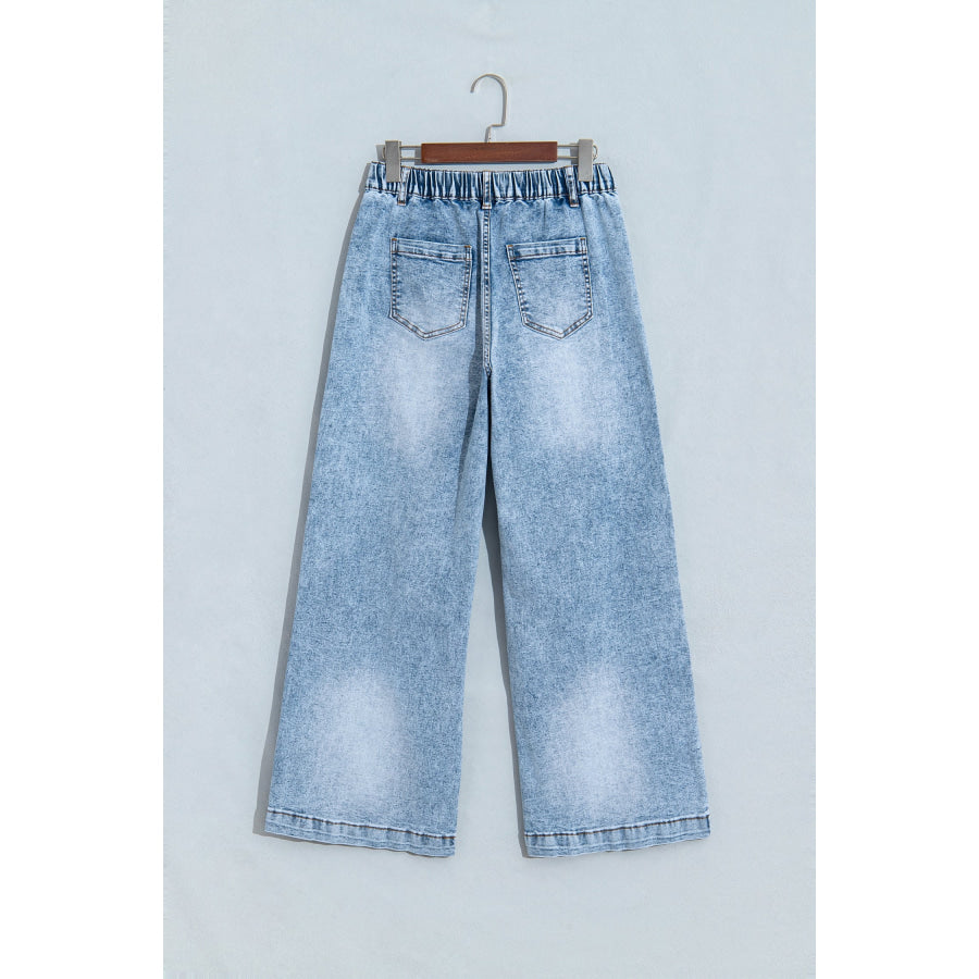 Beau Blue Frayed Studded Detail Wide Leg Pocketed Jeans Bottoms/Jeans