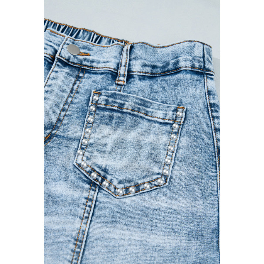 Beau Blue Frayed Studded Detail Wide Leg Pocketed Jeans Bottoms/Jeans