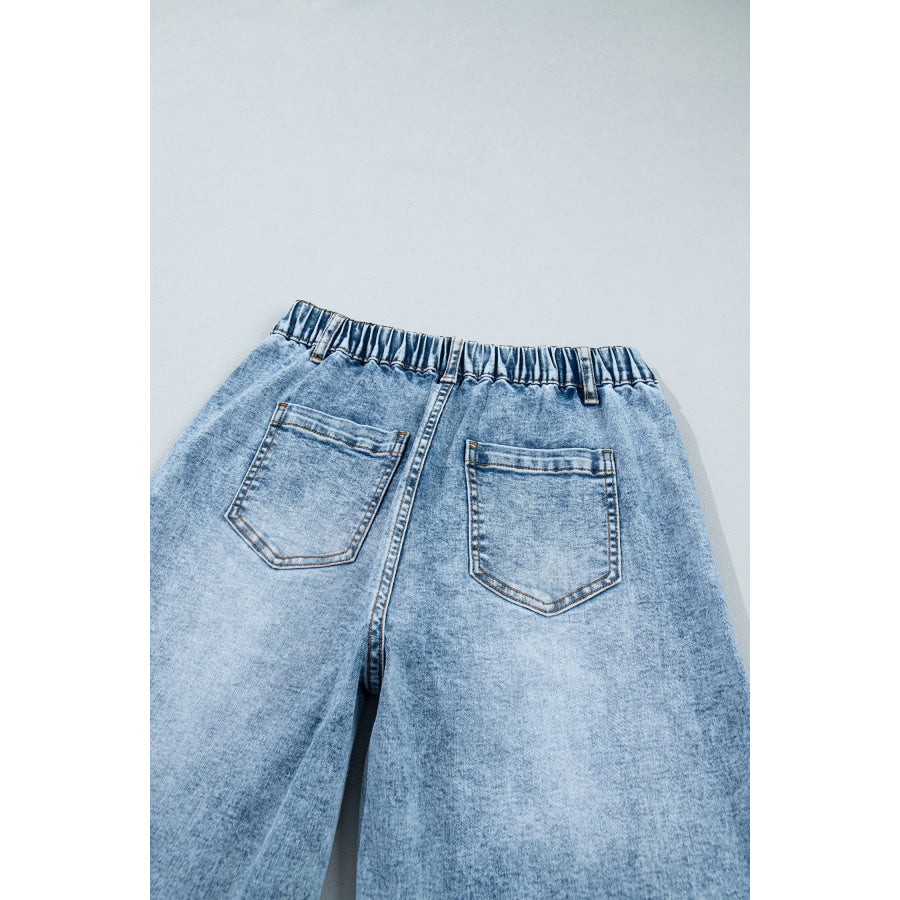 Beau Blue Frayed Studded Detail Wide Leg Pocketed Jeans Bottoms/Jeans