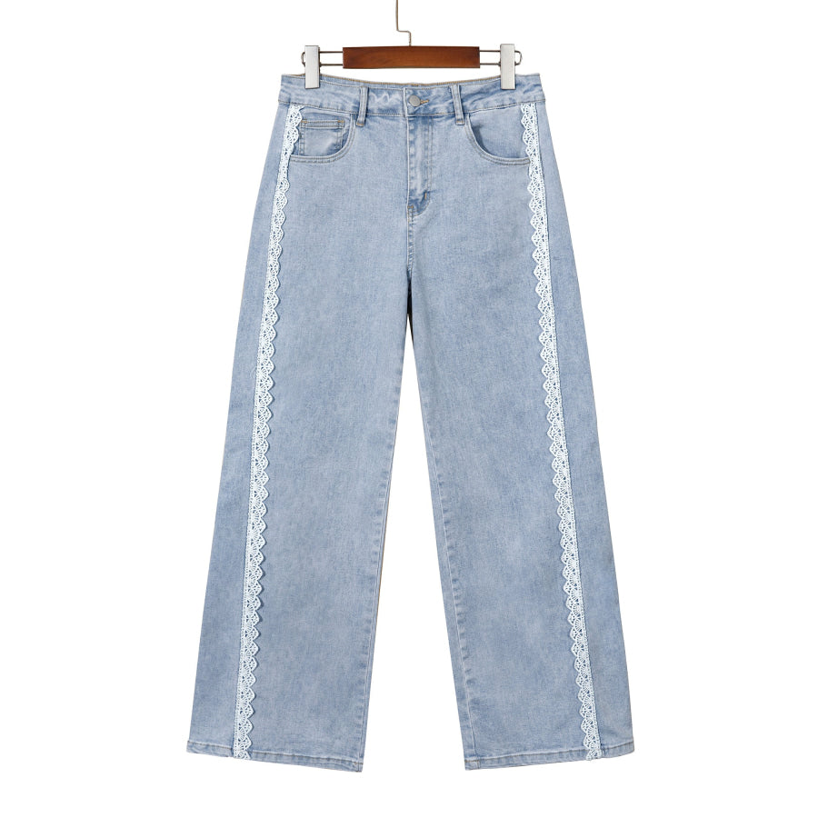Beau Blue Lace Trim Casual Full-Length Regular Fit Jeans Bottoms/Jeans