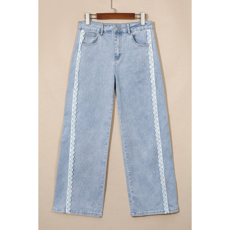 Beau Blue Lace Trim Casual Full-Length Regular Fit Jeans Bottoms/Jeans