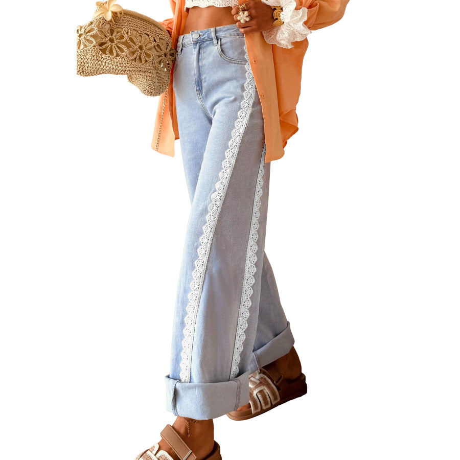Beau Blue Lace Trim Casual Full-Length Regular Fit Jeans Bottoms/Jeans