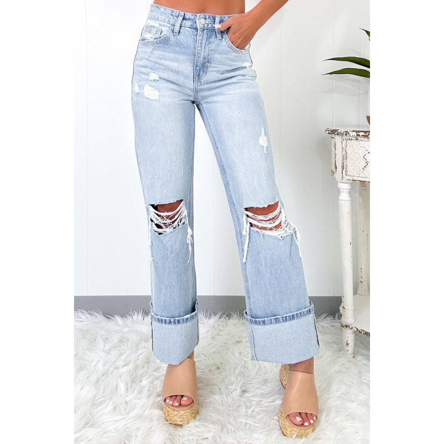 Beau Blue Light Wash Distressed Straight Jeans / 6 / 93% Cotton + 5% polyester + 2% Elastane Bottoms/Jeans