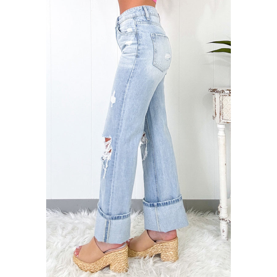 Beau Blue Light Wash Distressed Straight Jeans / 6 / 93% Cotton + 5% polyester + 2% Elastane Bottoms/Jeans