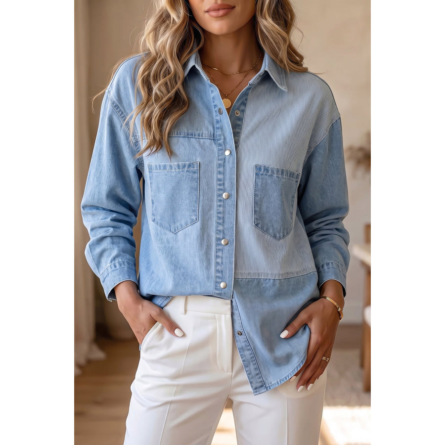 Beau Blue Lightweight Denim Striped Patchwork Button Down Shacket Beau Blue / S Tops/Blouses & Shirts