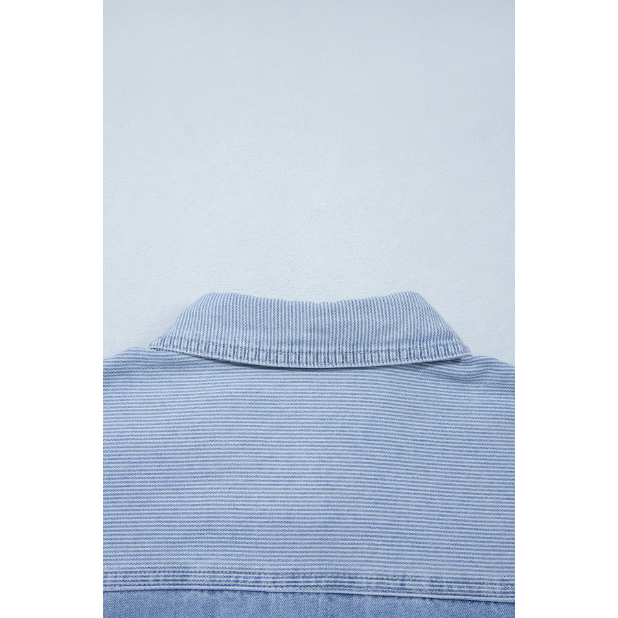 Beau Blue Lightweight Denim Striped Patchwork Button Down Shacket Tops/Blouses & Shirts